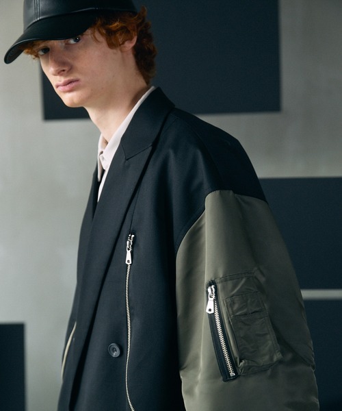 MAISON SPECIAL（メゾンスペシャル）の「《UNISEX》Prime-Over MA-1 Sleeve Double Breasted Curved Zip Tailored Jacket/プライムオーバーMA-1スリーブダブルブレストカーブジップテーラードジャケット【MAISON SPECIAL/メゾンスペシャル】（テーラードジャケット・メンズ・ライトグリーン/カーキ/ブラック・2/1）」の11枚目の写真