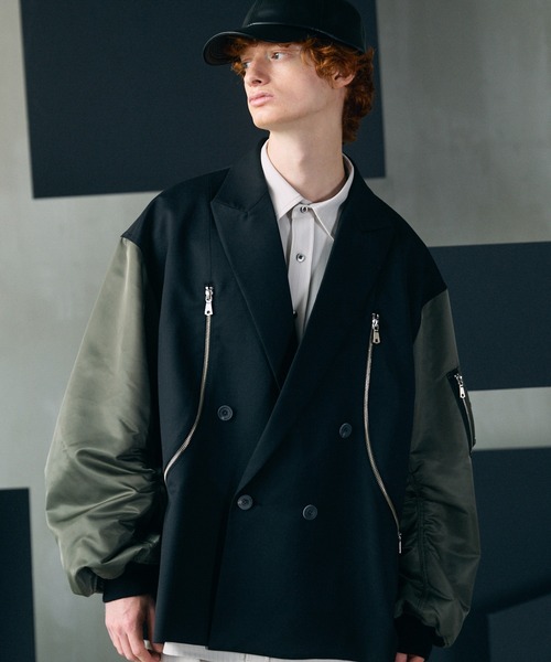 MAISON SPECIAL（メゾンスペシャル）の「《UNISEX》Prime-Over MA-1 Sleeve Double Breasted Curved Zip Tailored Jacket/プライムオーバーMA-1スリーブダブルブレストカーブジップテーラードジャケット【MAISON SPECIAL/メゾンスペシャル】（テーラードジャケット・メンズ・ライトグリーン/カーキ/ブラック・2/1）」の10枚目の写真
