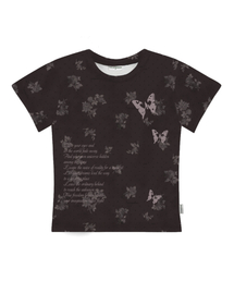 バタフライスタンプダスティフラワーフルプリントスリムフィット半袖Tシャツブラウン
