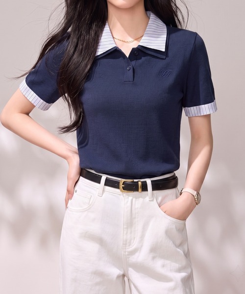 LUCPY(ラクピー)の「配色ストライプポロニットトップス(その他トップス・レディース・ブルー・X-LARGE/LARGE/MEDIUM/SMALL)」の1枚目の写真