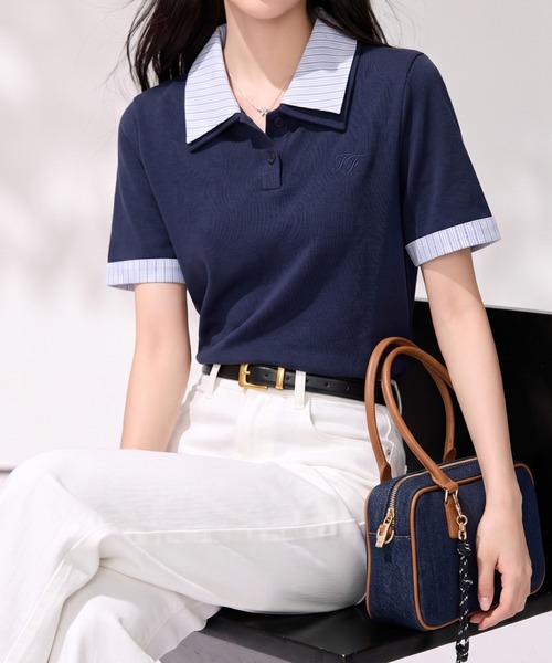 LUCPY(ラクピー)の「配色ストライプポロニットトップス(その他トップス・レディース・ブルー・X-LARGE/LARGE/MEDIUM/SMALL)」の2枚目の写真