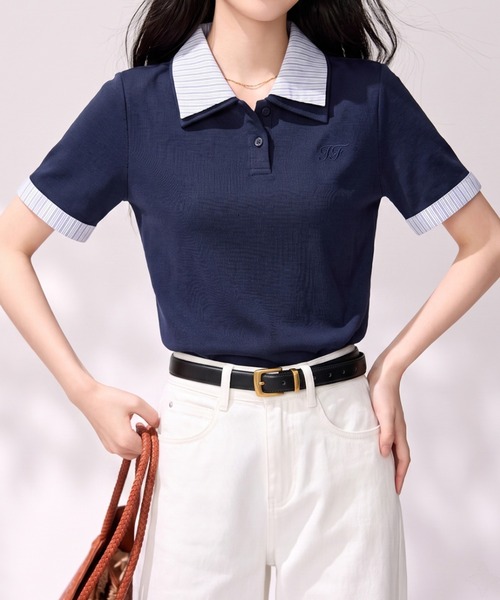 LUCPY(ラクピー)の「配色ストライプポロニットトップス(その他トップス・レディース・ブルー・X-LARGE/LARGE/MEDIUM/SMALL)」の3枚目の写真