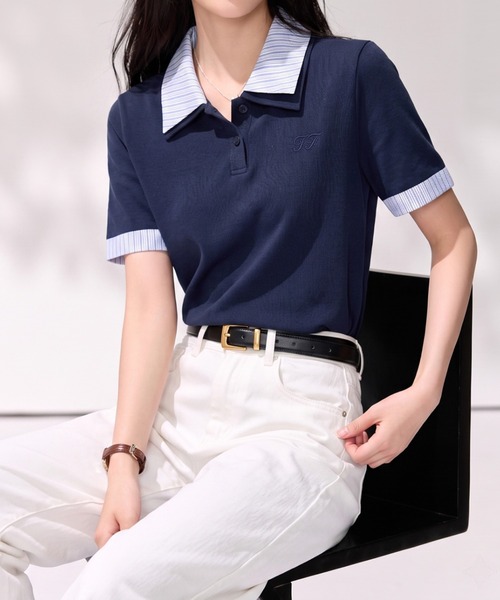 LUCPY(ラクピー)の「配色ストライプポロニットトップス(その他トップス・レディース・ブルー・X-LARGE/LARGE/MEDIUM/SMALL)」の4枚目の写真