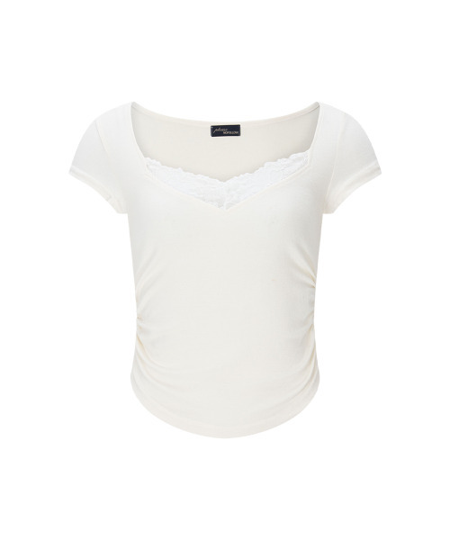 PLEASENOFOLLOW（プリーズノーフォロー）の「Vera Lace Shirring Short Sleeve Top (Ivory)（Tシャツ/カットソー・レディース・その他・FREE）」の2枚目の写真