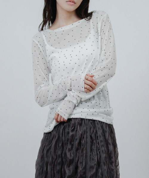 Social GIRL(ソーシャルガール)の「ドット プリント シアー カットソー Tシャツ トップス 長袖(Tシャツ/カットソー・レディース・アイボリー/グレー/ブラック/ホワイト・M)」の6枚目の写真