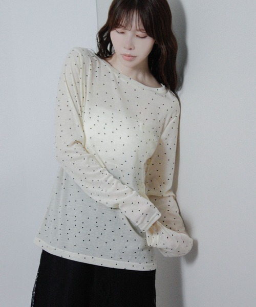 Social GIRL(ソーシャルガール)の「ドット プリント シアー カットソー Tシャツ トップス 長袖(Tシャツ/カットソー・レディース・アイボリー/グレー/ブラック/ホワイト・M)」の12枚目の写真