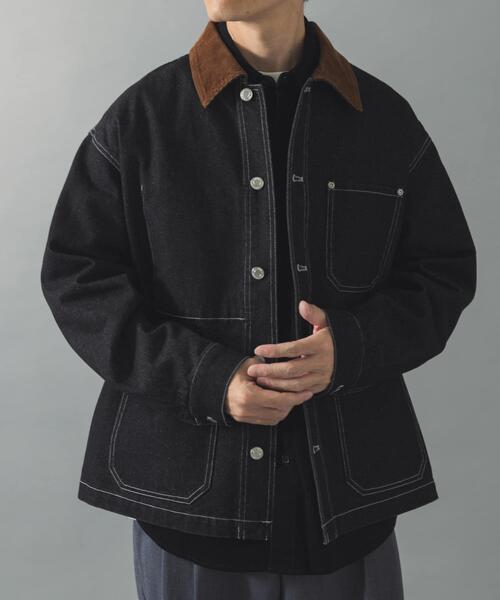 ITEMS URBANRESEARCH(アイテムズ アーバンリサーチ)の「襟コーデュロイデニムカバーオールジャケット(カバーオール・メンズ・ブラック/インディゴブルー・LARGE/MEDIUM/SMALL)」の1枚目の写真