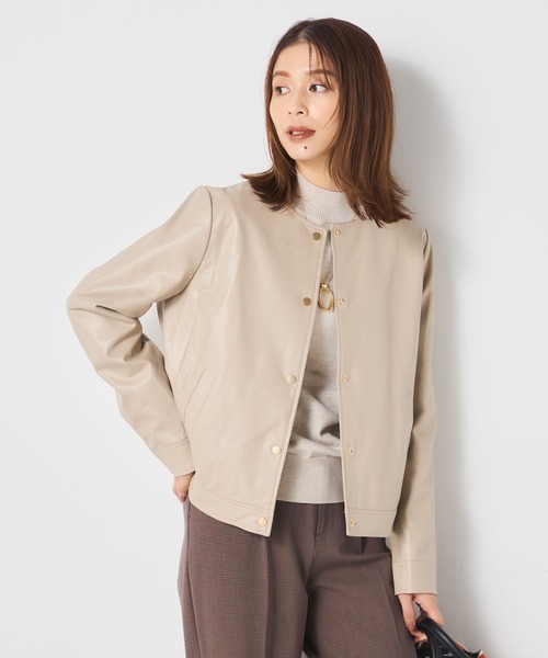 GALLORIA(ギャローリア)の「【手洗いOK】フェイクレザーノーカラージャケット(ノーカラージャケット・レディース・ベージュ/ブラウン・M/L/S/LL)」の1枚目の写真