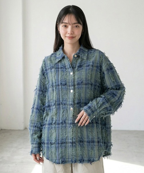 CRB（シーアールビー）の「フリンジチェックシャツ（シャツ/ブラウス・レディース・ベージュ/ブルー/オフホワイト・F）」の12枚目の写真