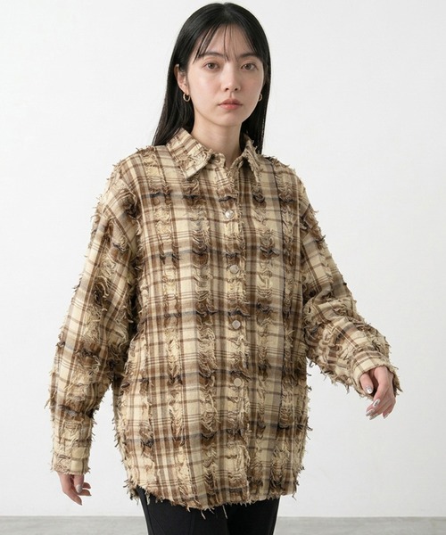 CRB(シーアールビー)の「フリンジチェックシャツ(シャツ/ブラウス・レディース・ベージュ/ブルー/オフホワイト・F)」の4枚目の写真