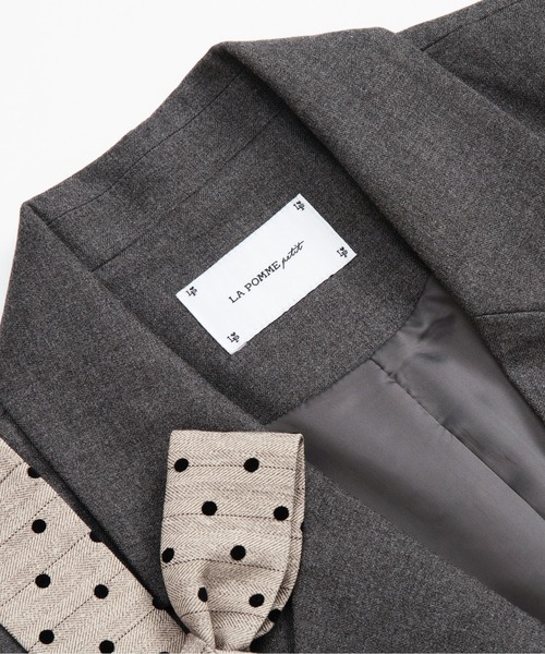 LA POMME petit（ラポミ・プチ）の「Check & Dot Bow Ribbon Jacket/チェック＆ドットリボンボウジャケット（テーラードジャケット・レディース・グレー/ブラック・FREE）」の4枚目の写真