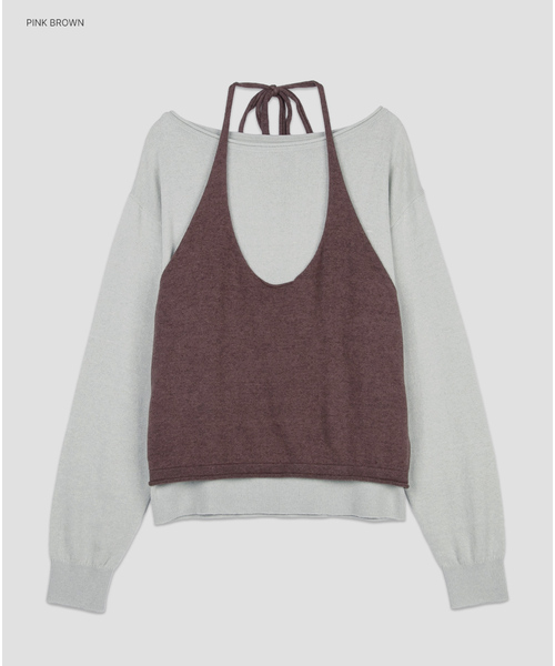 ATELIER NAIN(アトリエナイン)の「(T-7292)COLOR POINT HALTER VEST&TOP SET UP S(ニット/セーター・レディース・ブラウン/オリーブ・FREE)」の2枚目の写真