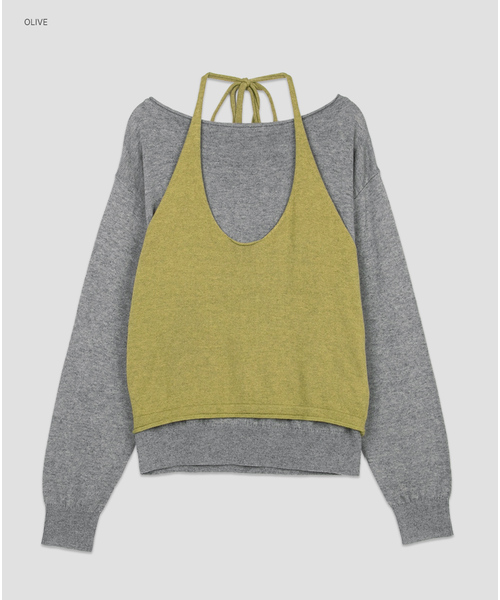 ATELIER NAIN(アトリエナイン)の「(T-7292)COLOR POINT HALTER VEST&TOP SET UP S(ニット/セーター・レディース・ブラウン/オリーブ・FREE)」の1枚目の写真