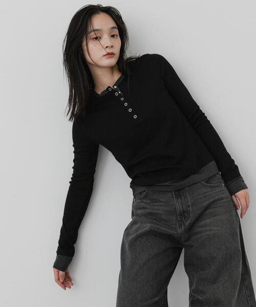 SENSE OF PLACE by URBAN RESEARCH(センスオブプレイスバイアーバンリサーチ)の「ヘンリーネックレイヤードトップ(Tシャツ/カットソー・レディース・ブラック/グレー/ブラウン・ONE)」の1枚目の写真