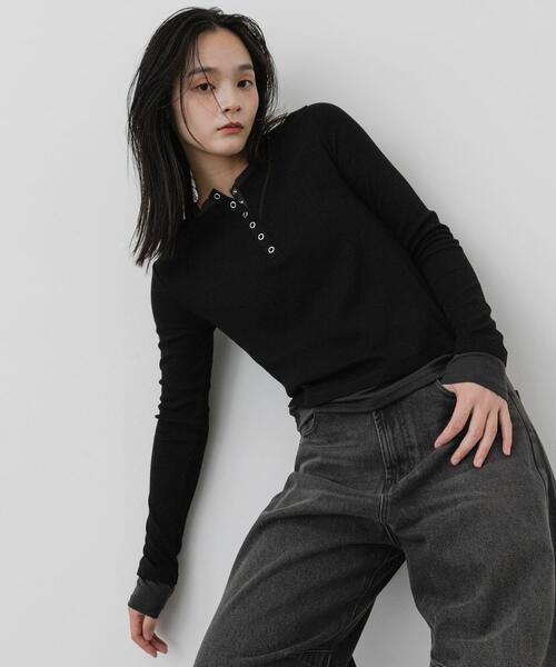 SENSE OF PLACE by URBAN RESEARCH(センスオブプレイスバイアーバンリサーチ)の「ヘンリーネックレイヤードトップ(Tシャツ/カットソー・レディース・ブラック/グレー/ブラウン・ONE)」の4枚目の写真