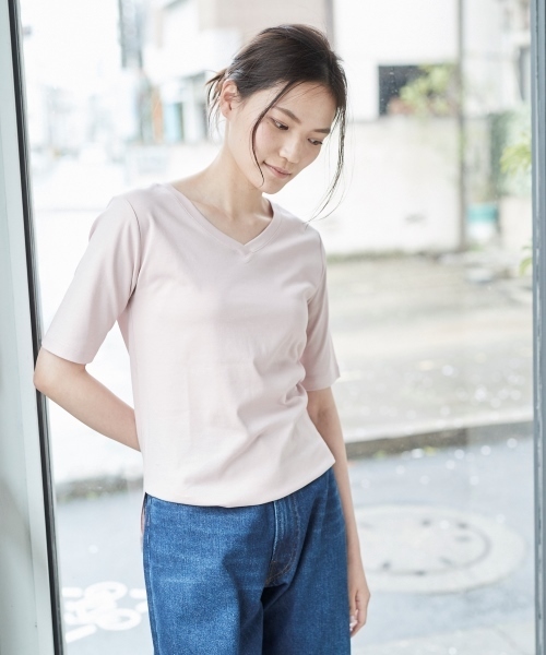 AMERICAN HOLIC(アメリカンホリック)の「60新疆綿スムース五分袖VネックTシャツ★(Tシャツ/カットソー・レディース・ピンクベージュ/ブラック/ダークブルー/オフホワイト/杢グレー・L/M)」の5枚目の写真