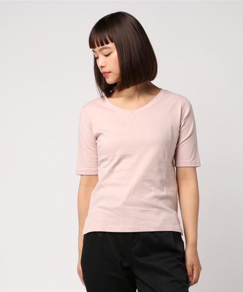 AMERICAN HOLIC(アメリカンホリック)の「60新疆綿スムース五分袖VネックTシャツ★(Tシャツ/カットソー・レディース・ピンクベージュ/ブラック/ダークブルー/オフホワイト/杢グレー・L/M)」の6枚目の写真