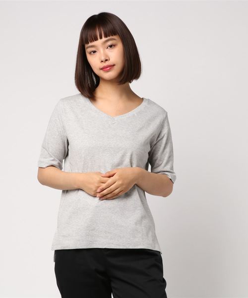 AMERICAN HOLIC(アメリカンホリック)の「60新疆綿スムース五分袖VネックTシャツ★(Tシャツ/カットソー・レディース・ピンクベージュ/ブラック/ダークブルー/オフホワイト/杢グレー・L/M)」の4枚目の写真