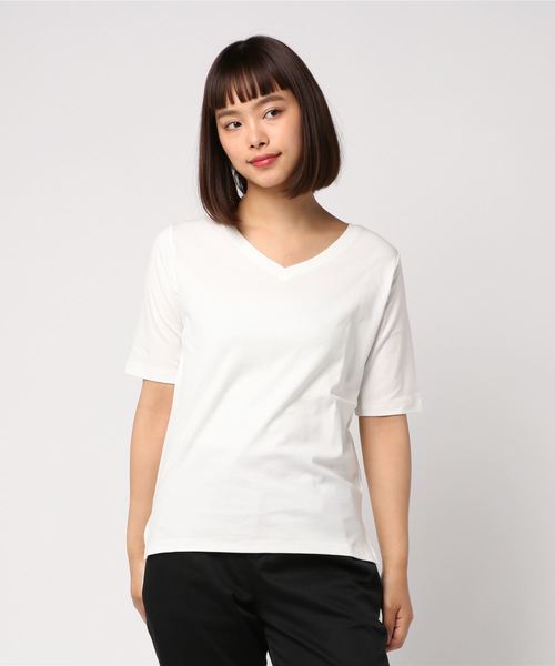 AMERICAN HOLIC(アメリカンホリック)の「60新疆綿スムース五分袖VネックTシャツ★(Tシャツ/カットソー・レディース・ピンクベージュ/ブラック/ダークブルー/オフホワイト/杢グレー・L/M)」の2枚目の写真
