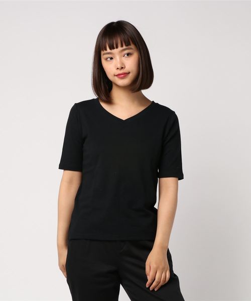 AMERICAN HOLIC(アメリカンホリック)の「60新疆綿スムース五分袖VネックTシャツ★(Tシャツ/カットソー・レディース・ピンクベージュ/ブラック/ダークブルー/オフホワイト/杢グレー・L/M)」の3枚目の写真