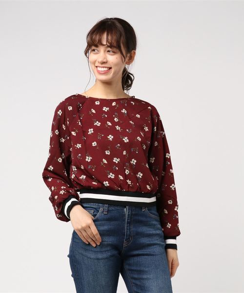 STYLEBLOCK（スタイルブロック）の「ジョーゼット花柄ラインリブブラウス（シャツ/ブラウス・レディース・グリーン/アイボリー/ボルドー/ネイビー・M）」の4枚目の写真