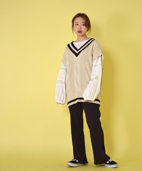 w closet（ダブルクローゼット）の「ストライプドビーレース切替ブラウス（シャツ/ブラウス・レディース・ホワイト/キナリ/ライトグレー・FREE）」の4枚目の写真