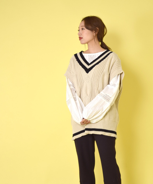 w closet（ダブルクローゼット）の「ストライプドビーレース切替ブラウス（シャツ/ブラウス・レディース・ホワイト/キナリ/ライトグレー・FREE）」の9枚目の写真