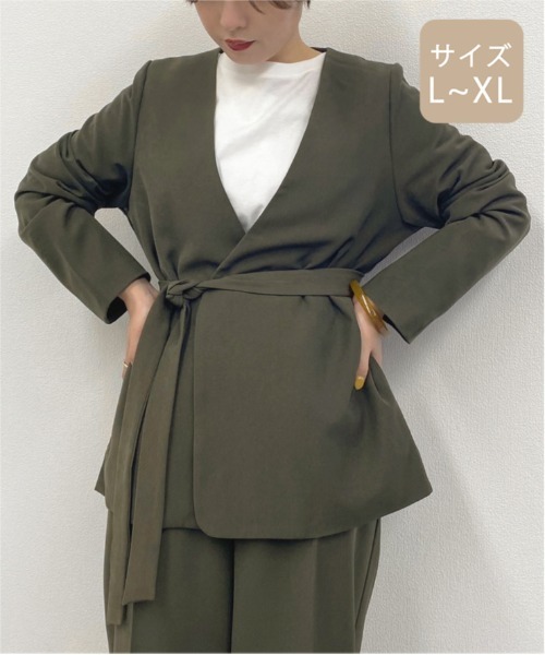 apres jour mignon(アプレジュールミニョン)の「【大きいサイズ】ノーカラ―ジャケット【ZOZOTOWN限定アイテム】(テーラードジャケット・レディース・ダークグリーン/ブラウン系その他/アイボリー・X-LARGE)」の1枚目の写真