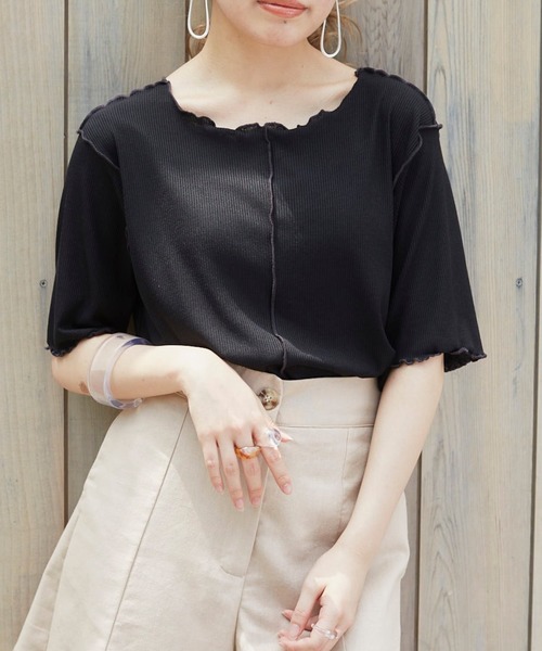 VANNIE U（ヴァニーユー）の「2WAYパイピングメロウ半袖TOPS（Tシャツ/カットソー・レディース・ホワイト/ブラック/ベージュ/ミント・FREE）」の3枚目の写真