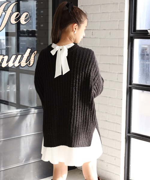 one after another NICE CLAUP（ワンアフターアナザーナイスクラップ）の「サイドスリット畦編みニット（ニット/セーター・レディース・オフホワイト/ブラック/ベージュ/グリーン系その他/サックスブルー・FREE）」の7枚目の写真