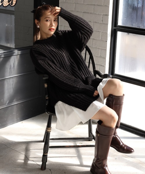 one after another NICE CLAUP（ワンアフターアナザーナイスクラップ）の「サイドスリット畦編みニット（ニット/セーター・レディース・オフホワイト/ブラック/ベージュ/グリーン系その他/サックスブルー・FREE）」の12枚目の写真