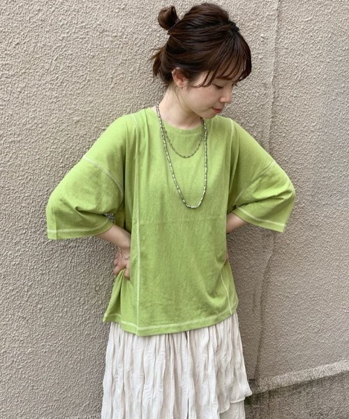 Kastane（カスタネ）の「カラバリステッチスラブT（Tシャツ/カットソー・レディース・アイボリー/グリーン/ブルー/オレンジ・FREE）」の2枚目の写真