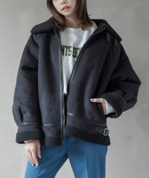 SPINNS（スピンズ）の「パイピングムートンフライトジャケット（ムートンコート・レディース・ブラック/ベージュ/ブラウン・ONESIZE）」の15枚目の写真