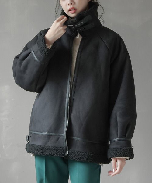 SPINNS（スピンズ）の「パイピングムートンフライトジャケット（ムートンコート・レディース・ブラック/ベージュ/ブラウン・ONESIZE）」の14枚目の写真