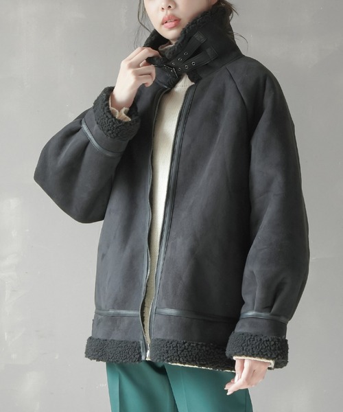 SPINNS（スピンズ）の「パイピングムートンフライトジャケット（ムートンコート・レディース・ブラック/ベージュ/ブラウン・ONESIZE）」の13枚目の写真