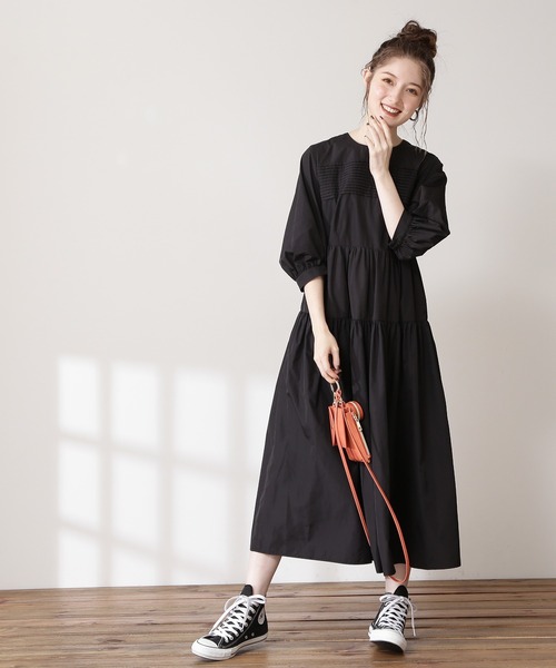 N.（N. Natural Beauty Basic）（エヌエヌナチュラルビューティーベーシック）の「タック入りタフタワンピース（ワンピース・レディース・ブラック/ブラウン/イエロー・MEDIUM）」の6枚目の写真