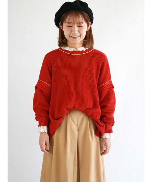 Samansa Mos2（サマンサ モスモス）の「配色リンキングクルーネックニット（ニット/セーター・レディース・グレー/レッド/ミント/モカ/チャコール/キナリ・ﾌﾘ-）」の6枚目の写真