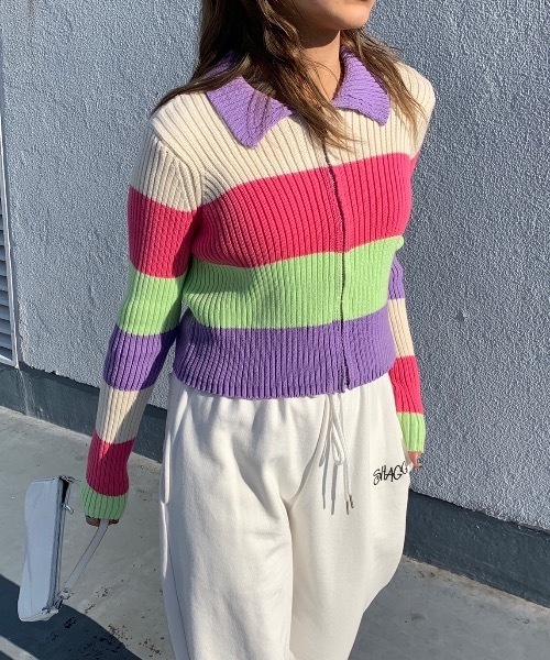 SHAGGIE（シャギー）の「太ボーダー襟付きリブニット（ニット/セーター・レディース・ブルー/ネイビー/パープル・FREE）」の3枚目の写真