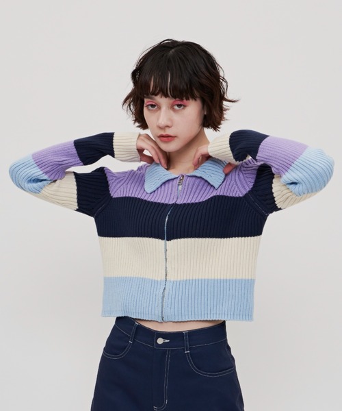 SHAGGIE（シャギー）の「太ボーダー襟付きリブニット（ニット/セーター・レディース・ブルー/ネイビー/パープル・FREE）」の4枚目の写真