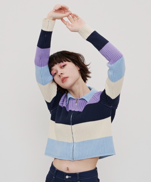 SHAGGIE（シャギー）の「太ボーダー襟付きリブニット（ニット/セーター・レディース・ブルー/ネイビー/パープル・FREE）」の6枚目の写真