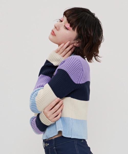 SHAGGIE（シャギー）の「太ボーダー襟付きリブニット（ニット/セーター・レディース・ブルー/ネイビー/パープル・FREE）」の7枚目の写真
