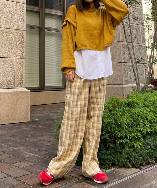 HEYUMM（ヘユム）の「チェックワイドストレートイージーパンツ（その他パンツ・レディース・ブラック/ベージュ/オレンジ・ONE）」の8枚目の写真