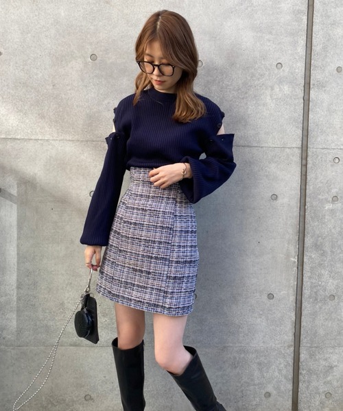 one after another NICE CLAUP（ワンアフターアナザーナイスクラップ）の「バックリボンツイードミニスカート（スカート・レディース・ホワイト系その他/ブルー系その他・FREE）」の9枚目の写真