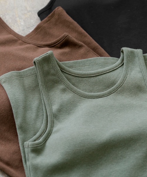 KOBE LETTUCE（コウベレタス）の「カップ付きアメリカンスリーブリブトップス（タンクトップ・レディース・ブラック/ブラウン/カーキ・FREE）」の3枚目の写真