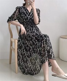 ウエストシャーリング 花柄シフォンカシュクール風ワンピース