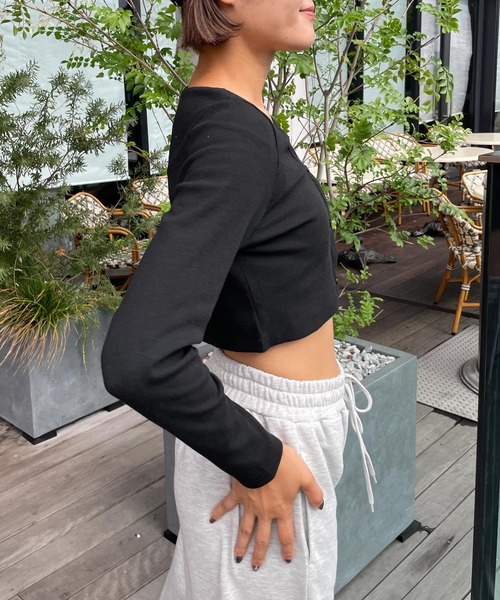 WEGO(ウィゴー)の「WEGO/フロントクロスショートリブロンT(Tシャツ/カットソー・レディース・ブラック/グレー・FREE)」の4枚目の写真