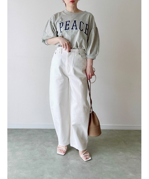 Yucca(ユッカ)の「PEACE プリントTシャツ (MEKKE 低身長向け)(Tシャツ/カットソー・レディース・グリーン/杢グレー/オレンジ・FREE)」の2枚目の写真