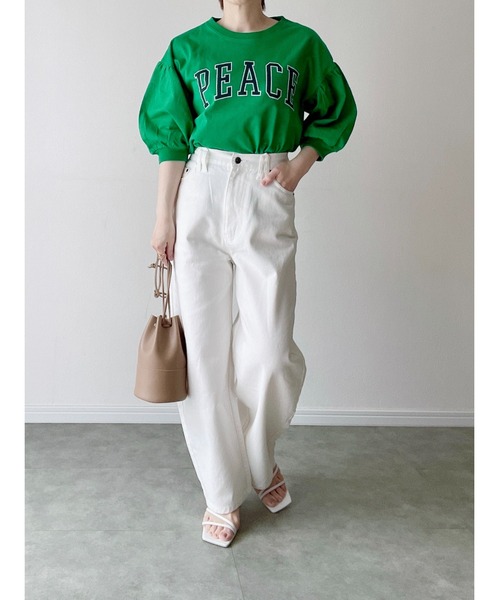 Yucca(ユッカ)の「PEACE プリントTシャツ (MEKKE 低身長向け)(Tシャツ/カットソー・レディース・グリーン/杢グレー/オレンジ・FREE)」の3枚目の写真