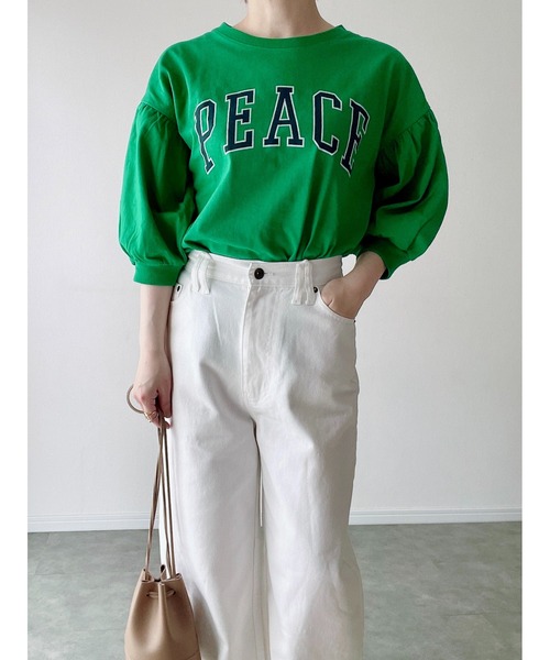 Yucca(ユッカ)の「PEACE プリントTシャツ (MEKKE 低身長向け)(Tシャツ/カットソー・レディース・グリーン/杢グレー/オレンジ・FREE)」の4枚目の写真