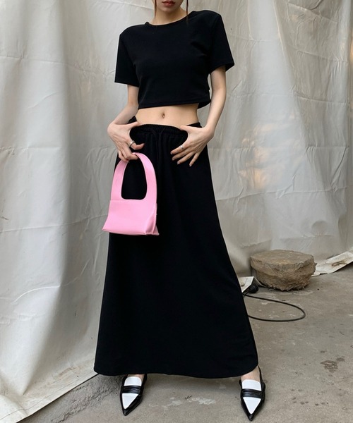 meJane(ミージェーン)の「クロップド丈Tシャツ×ロングスカート スウェットライクセットアップ(セットアップ・レディース・グレー/ブラック・FREE)」の8枚目の写真